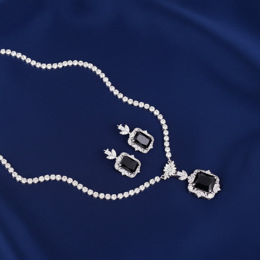 Bound Jewels Elegant Neckline Zircon Necklace & Earring Set - Rhodium