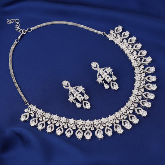 Bound Jewels Floral Petal Zircon Choker & Drop Earring Set - Rhodium