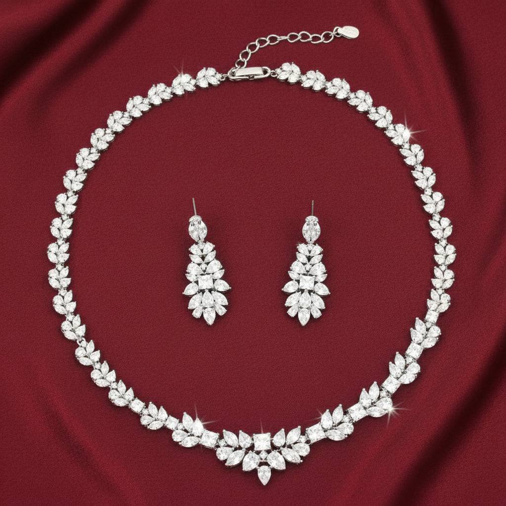 Rhodium-plated zircon necklace and earring set from Bound Jewels, showcasing a floral wreath design.