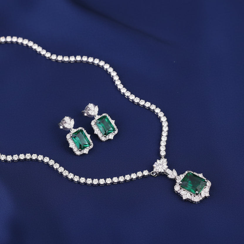 Bound Jewels Elegant Neckline Zircon Necklace & Earring Set - Rhodium