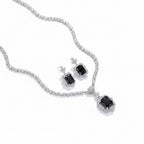 Elegant rhodium necklace and earring set with zircon accents from Bound Jewels displayed on a white background.
