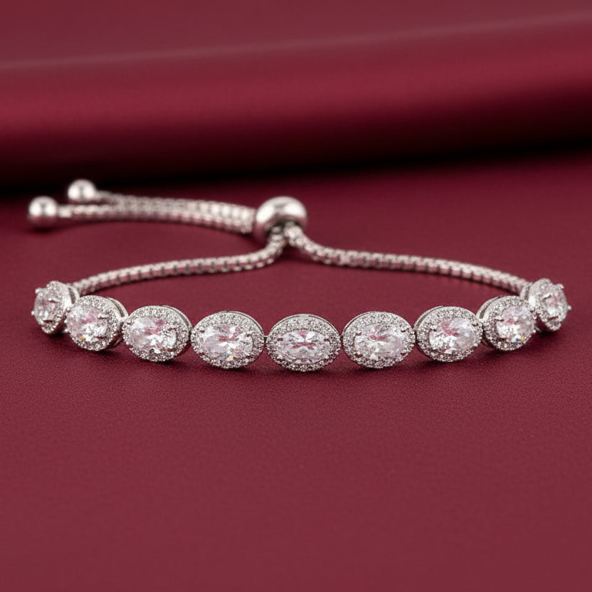 Bound Jewels Oval Halo Adjustable Zircon Bracelet - Rhodium