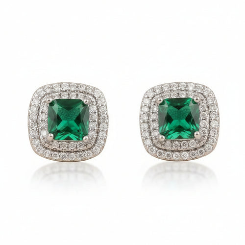 Double line square zircon earrings in rhodium by Bound Jewels, showcasing a sparkling and elegant design.