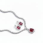 Elegant Bound Jewels zircon necklace and earring set with a rhodium finish, featuring a stunning neckline design.
