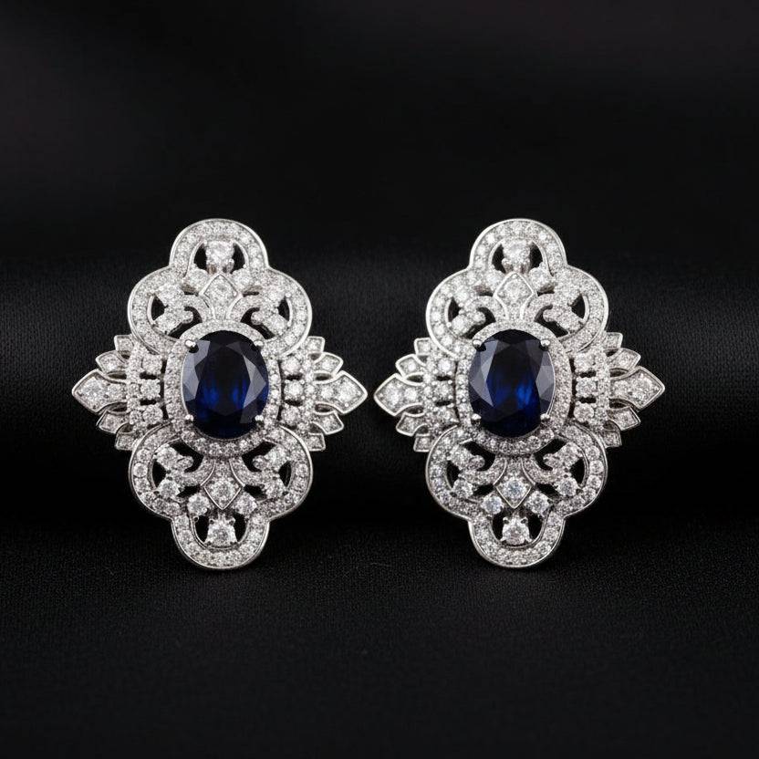 Luxury floral zircon stud earrings in rhodium by Bound Jewels, showcasing intricate design and sparkling details.