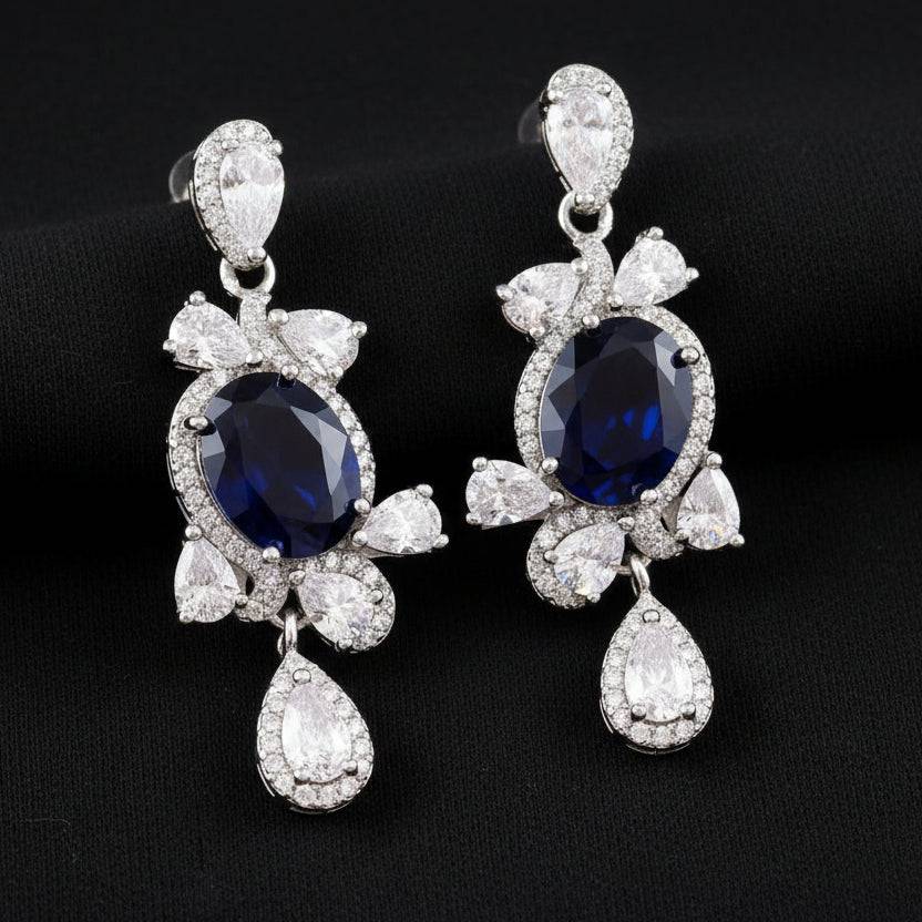Rhodium zircon drop earrings by Bound Jewels, featuring elegant design and sparkling gemstones.
