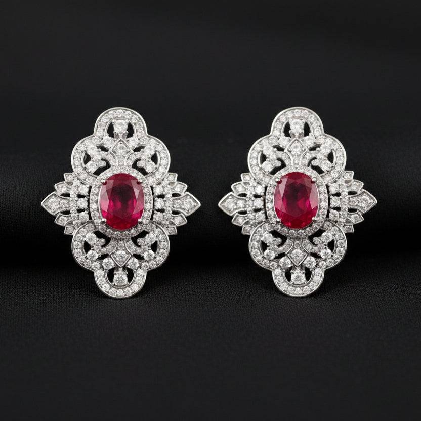 Rhodium floral zircon stud earrings by Bound Jewels, featuring intricate flower designs and sparkling zircon details.